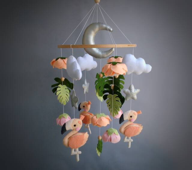 Coral Flamingo Baby Mobile Tropical Nursery Decor, Felt Hanging Mobile - image 1