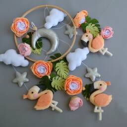 Coral Flamingo Baby Mobile Tropical Nursery Decor, Felt Hanging Mobile - thumbnail 2