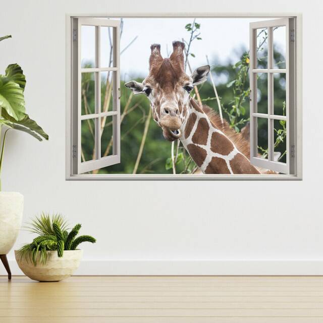 Giraffe Eating Tree Leaves 3D Window View Wall Sticker Poster Decal A737 - image 1