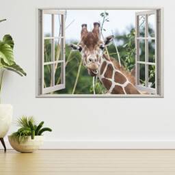 Giraffe Eating Tree Leaves 3D Window View Wall Sticker Poster Decal A737 - thumbnail 1