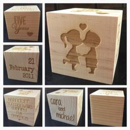 Anniversary Keepsake Cube - 90x90mm Solid Pine Wood With Your Special Couple Details Etched On 5 Sides. Customised For You Best Gift Ever - thumbnail 1