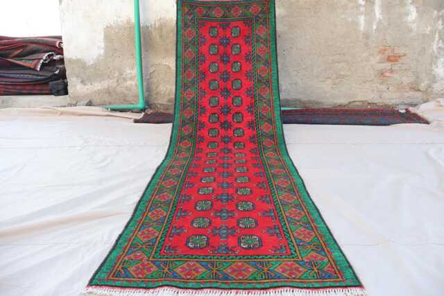 2'7x9'7 Ft Runner Rug, Turkmen Handmade Plush Wool Afghan Oriental Red Green Terracotta Tribal Bukhara Hallway - image 1