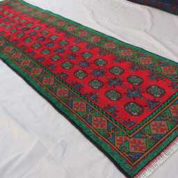 2'7x9'7 Ft Runner Rug, Turkmen Handmade Plush Wool Afghan Oriental Red Green Terracotta Tribal Bukhara Hallway - thumbnail 3
