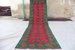 2'7x9'7 Ft Runner Rug, Turkmen Handmade Plush Wool Afghan Oriental Red Green Terracotta Tribal Bukhara Hallway - thumbnail 1