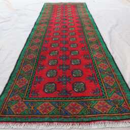 2'7x9'7 Ft Runner Rug, Turkmen Handmade Plush Wool Afghan Oriental Red Green Terracotta Tribal Bukhara Hallway - thumbnail 2