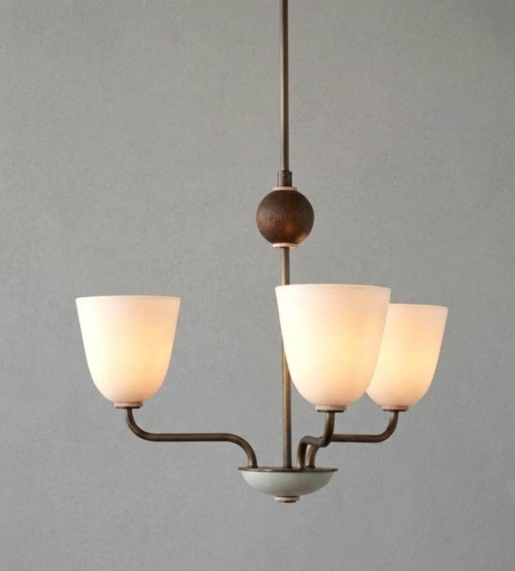 Handmade Mid Century Modern Brass Chandelier With Cone Shades - image 1