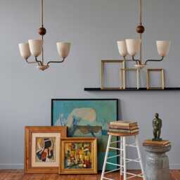 Handmade Mid Century Modern Brass Chandelier With Cone Shades - thumbnail 3
