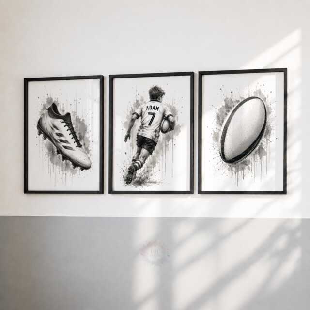 Personalised Rugby Prints - Set Of 3 Boys Bedroom Wall Art, Kids Sport Watercolour Decor - image 1
