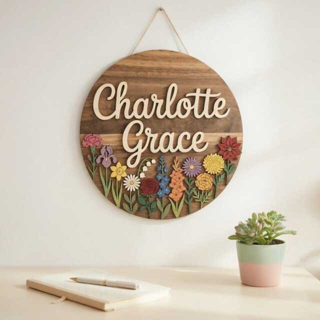 Personalized Wildflower Wood Name Sign, Custom Wooden Flower Birth Month Garden Wall Decor, Rose Daisy Iris Sign - image 1
