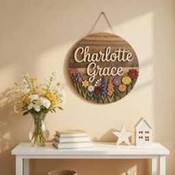 Personalized Wildflower Wood Name Sign, Custom Wooden Flower Birth Month Garden Wall Decor, Rose Daisy Iris Sign - thumbnail 4