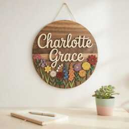 Personalized Wildflower Wood Name Sign, Custom Wooden Flower Birth Month Garden Wall Decor, Rose Daisy Iris Sign - thumbnail 1