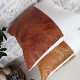Camel Faux Leather Pillow Cover White Linen Accent - thumbnail 3