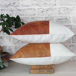 Camel Faux Leather Pillow Cover White Linen Accent - thumbnail 2