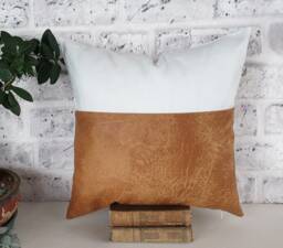 Camel Faux Leather Pillow Cover White Linen Accent - thumbnail 1