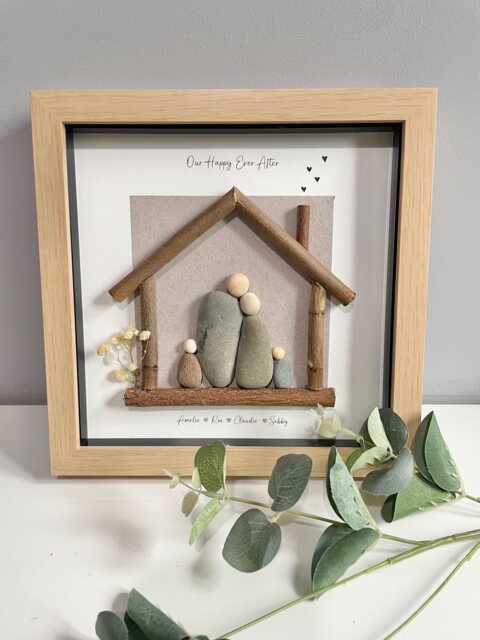 Personalised New Home Gift - Sweet Family Log House Pebble Picture Framed Decor Photo Frame Handmade - image 1