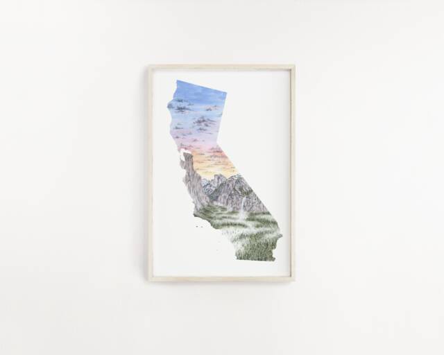 Yosemite National Park Watercolor Art Print, California State Shape - image 1