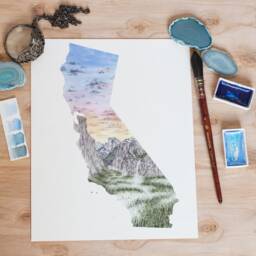 Yosemite National Park Watercolor Art Print, California State Shape - thumbnail 3