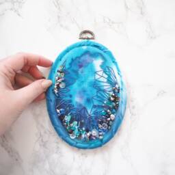 Beaded Embroidery Hoop Art - Royal Blue Azurite One Of A Kind Handmade Hand Sewn Wall Unique Decor Pink - thumbnail 4