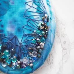 Beaded Embroidery Hoop Art - Royal Blue Azurite One Of A Kind Handmade Hand Sewn Wall Unique Decor Pink - thumbnail 3