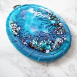 Beaded Embroidery Hoop Art - Royal Blue Azurite One Of A Kind Handmade Hand Sewn Wall Unique Decor Pink - thumbnail 2