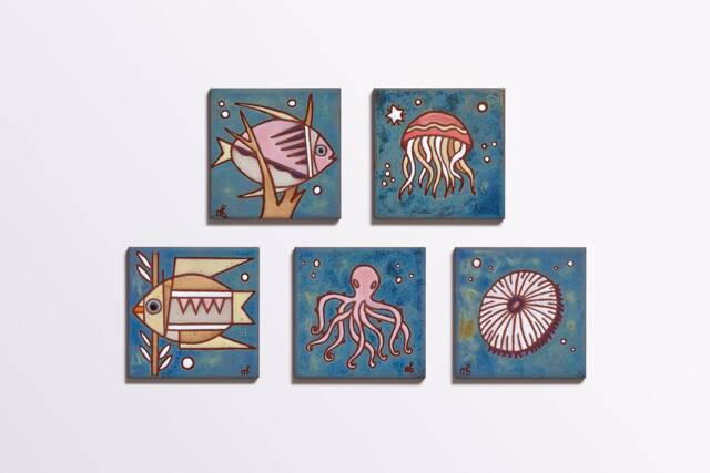 Hand-Painted Sea Life Ceramic Tile Set, Decorative Wall Art - image 1