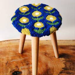 Babyroom Chair Blue Handmade Tufted Stool With Flowers Punchneedle Craft Furniture Kidsroom Decor Livingroom Footrest Stand For Plants - thumbnail 3