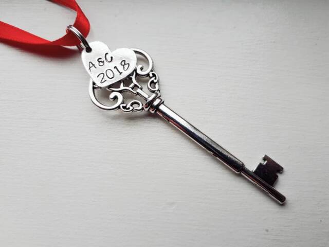 Skeleton Key Personalized Christmas Ornament Hand Stamped Year & Initials - House Warming Gift Couple's First New Home 2026 - image 1
