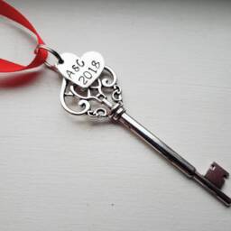 Skeleton Key Personalized Christmas Ornament Hand Stamped Year & Initials - House Warming Gift Couple's First New Home 2026 - thumbnail 2