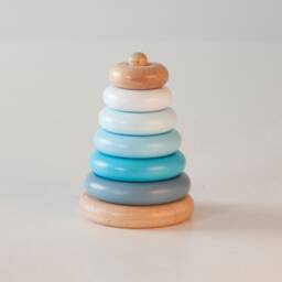 Ocean Blue Pyramid Wooden Stacking Toy, Color Sorting Rainbow Tower Of Rings Easter Gift For 1 Year Old