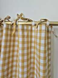 Oker Gingham Curtains Tie Tops For Hanging in Kitchen, Natural French Style Valances, Tartan Plaid Drapes, Drapery Cabinet Skirt