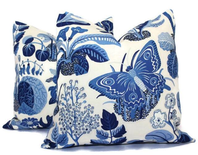 Schumacher Exotic Butterfly Pillow Cover Outdoor Blue Floral Print, Mid-Century Modern - image 1