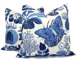 Schumacher Exotic Butterfly Pillow Cover Outdoor Blue Floral Print, Mid-Century Modern - thumbnail 1