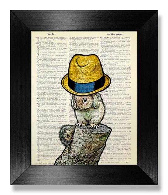 Squirrel Art Yellow Fedora Hat, Laundry Room Decor, Animal Lover Gift, Forest Print, Squirrel Print Wall Painting, Kid Room Decoration