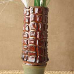 Handmade Ikebana Vase. Red Green Crocodile Skin G2087 - thumbnail 2