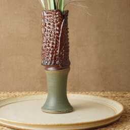 Handmade Ikebana Vase. Red Green Crocodile Skin G2087 - thumbnail 3