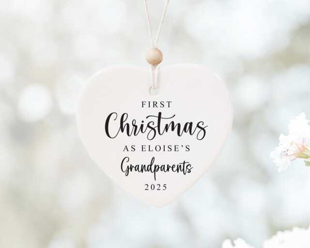 First Christmas As Grandparents Nanny Grandad Grandma Grandpa - Tree Decoration Personalised Ceramic Bauble Heart Style5 - image 1