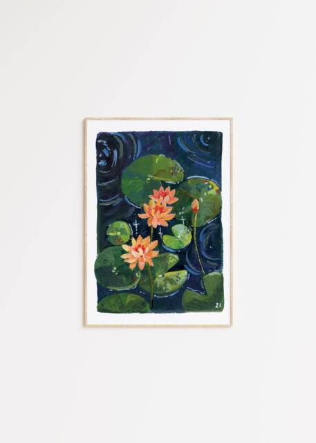 Lotus Flower Gouache Painting Art Print Tranquil Zen Wall Decor - image 1