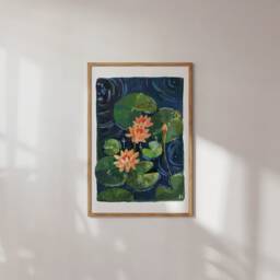 Lotus Flower Gouache Painting Art Print Tranquil Zen Wall Decor - thumbnail 3