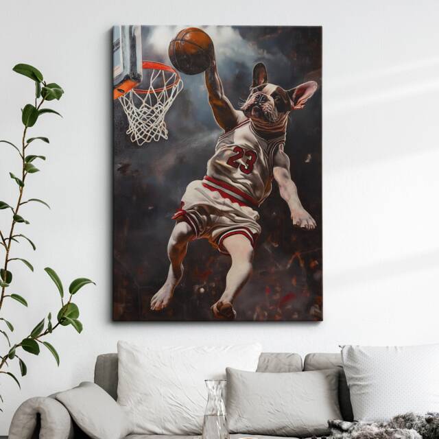 French Bulldog Dunking Basketball Dog Art Painting Framed Poster Print & Canvas Wall Decor Home Bedroom Gift - image 1