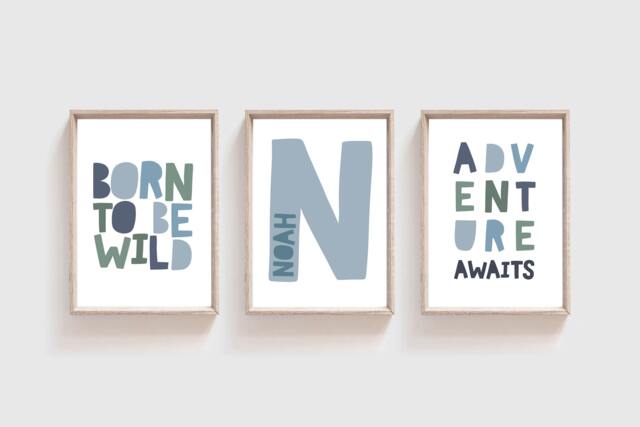 3 Boys Nursery Prints, Wall Art, Personalised Name Print, Bedroom Playroom Print, Boys Decor - image 1