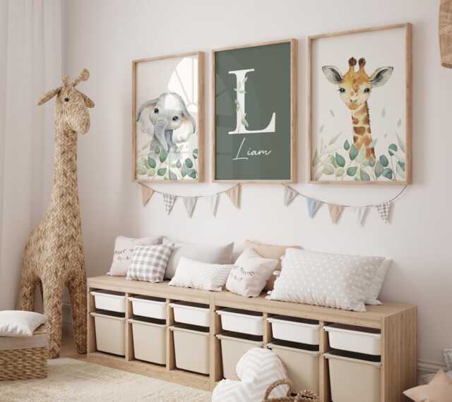 Safari Animal Nursery Prints Sage Green Kids Bedroom Wall Art, Set Of 3, Elephant Giraffe - image 1