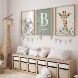 Safari Animal Nursery Prints Sage Green Kids Bedroom Wall Art, Set Of 3, Elephant Giraffe - thumbnail 3