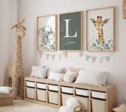 Safari Animal Nursery Prints Sage Green Kids Bedroom Wall Art, Set Of 3, Elephant Giraffe - thumbnail 1