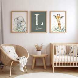 Safari Animal Nursery Prints Sage Green Kids Bedroom Wall Art, Set Of 3, Elephant Giraffe - thumbnail 2