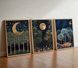 William Morris Set Of 3 Posters, Gold Decor, Print, Moon Poster, Night Sky Art, Botanical Floral Bedroom Art - thumbnail 1