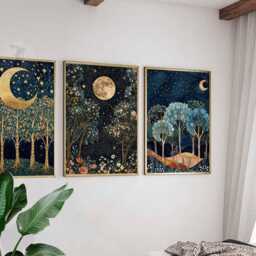 William Morris Set Of 3 Posters, Gold Decor, Print, Moon Poster, Night Sky Art, Botanical Floral Bedroom Art - thumbnail 2