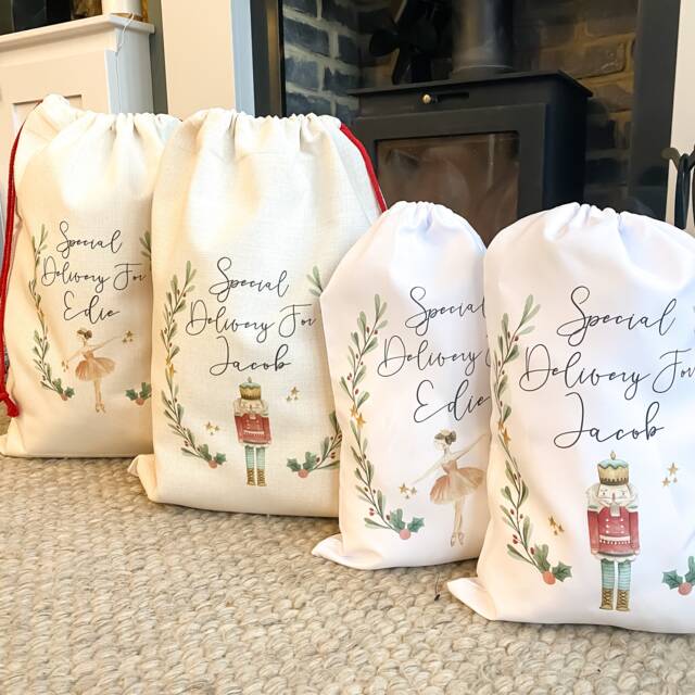 Personalised Christmas Sack, Stocking & Mug Set, Nutcracker Or Fairy Design, Matching Family Gifts, Linen Santa Sack With Name - image 1
