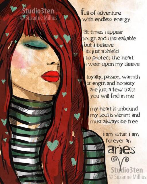 Aries Art Print Customizable Astrology March Birthday April Red Teal Fire Sign Original Illustration Art Print Hand Signed Size 8 X 10 - image 1