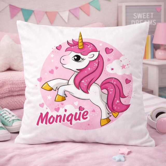 Personalized Unicorn Pillow With Name, Pink, For Girls, Back To School, School Cone, Children's Room Decoration, Birthday - image 1