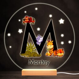 Sleeping Baby Safari Animals Letter M Round Personalised Gift Lamp Night Light - Bedroom